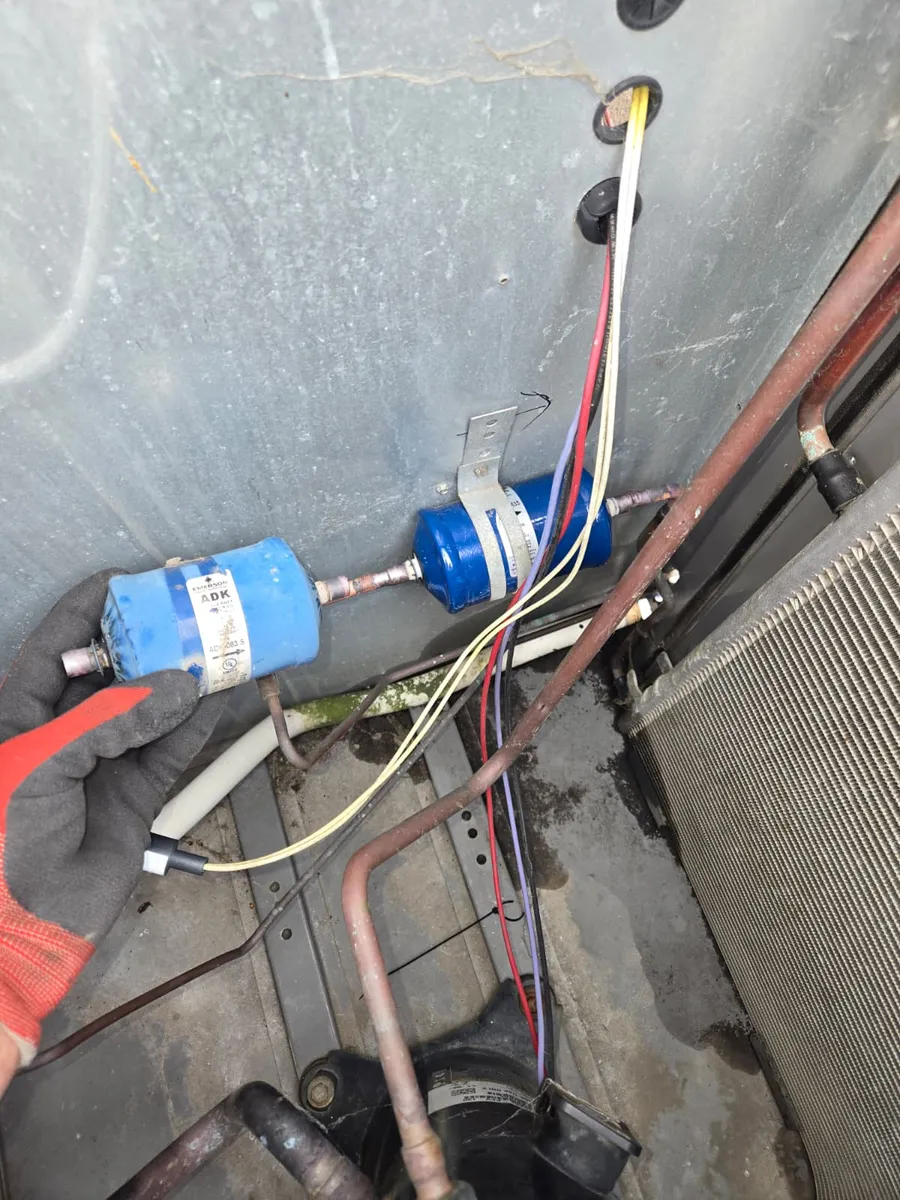 Refrigerator compressor compartment with new filter drier installed by Epic Star in Marina del Rey, CA